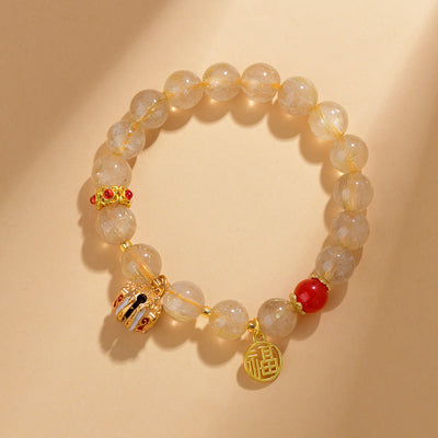 Buddha Stones Natural Golden Rutilated Quartz Fu Character Charm Bell Wealth Bracelet Bracelet BS 1
