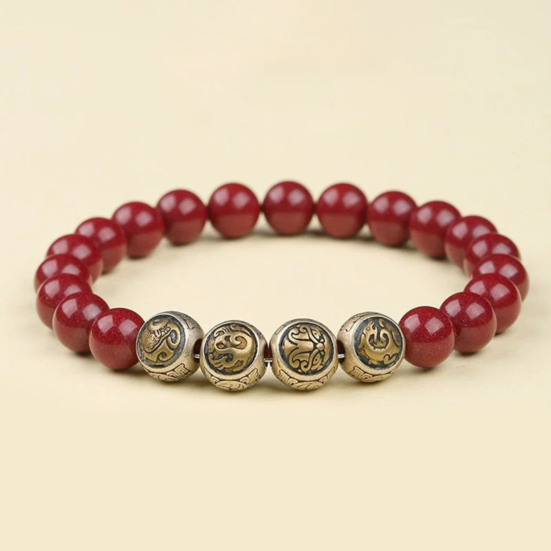 Buddha Stones 925 Sterling Silver Natural Cinnabar Four Beasts Blessing Bracelet Bracelet BS 11