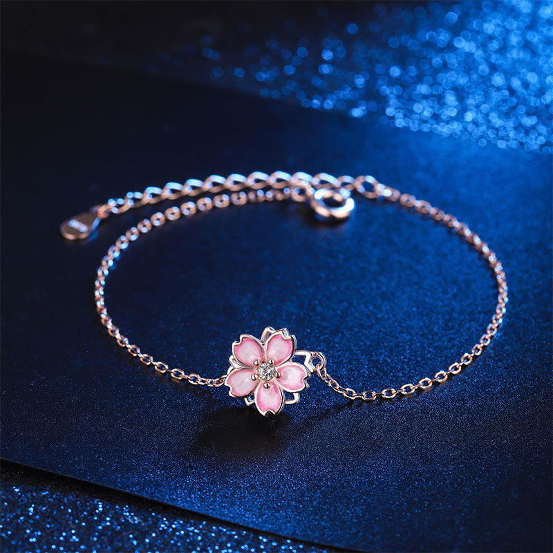 Buddha Stones 925 Sterling Silver Cherry Blossom Blessing Chain Bracelet Rotatable Ring Bracelet BS Bracelet(Wrist Circumference 14-18cm)