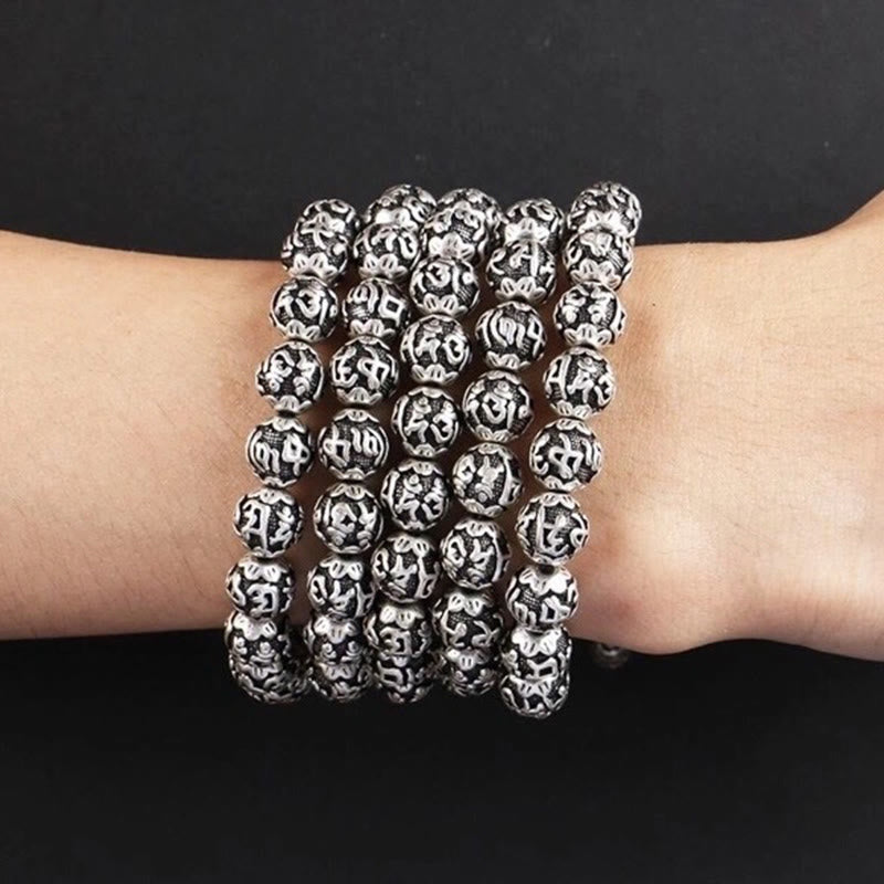 Buddha Stones Tibetan Om Mani Padme Hum Carved Alloy Beads Amulet Bracelet Bracelet BS 18