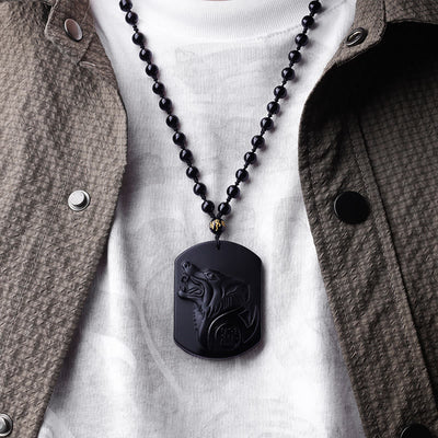 Collier pendentif loup en obsidienne noire Foviel pour la purification