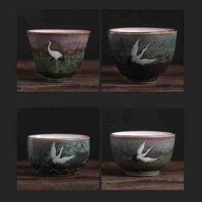 Buddha Stones Auspicious Crane Ceramic Teacup Kung Fu Tea Cup Bowl Cup BS 16