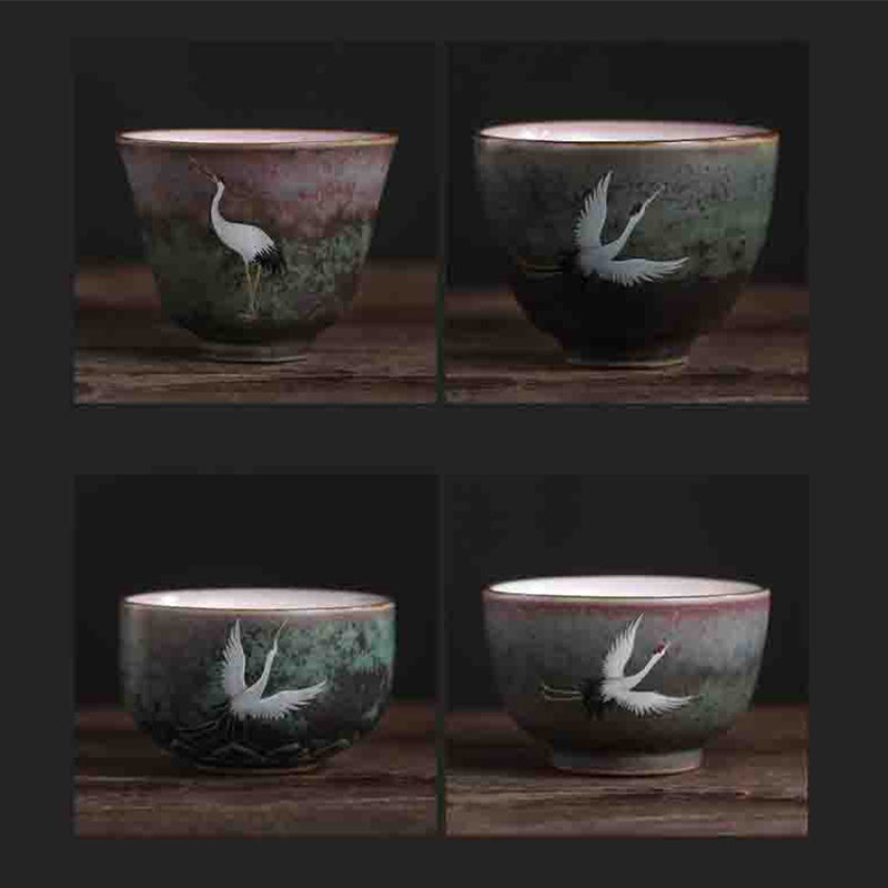 Buddha Stones Auspicious Crane Ceramic Teacup Kung Fu Tea Cup Bowl Cup BS 16