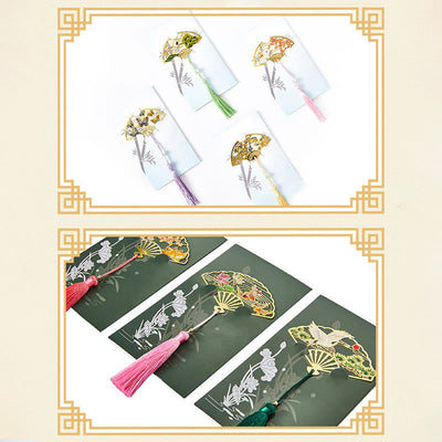 Buddha Stones Traditional Butterfly Lotus Flower Crane Dragon Phoenix Fox Koi Fish New Beginning Metal Brass Hollow Fan Bookmarks Bookmarks BS 25