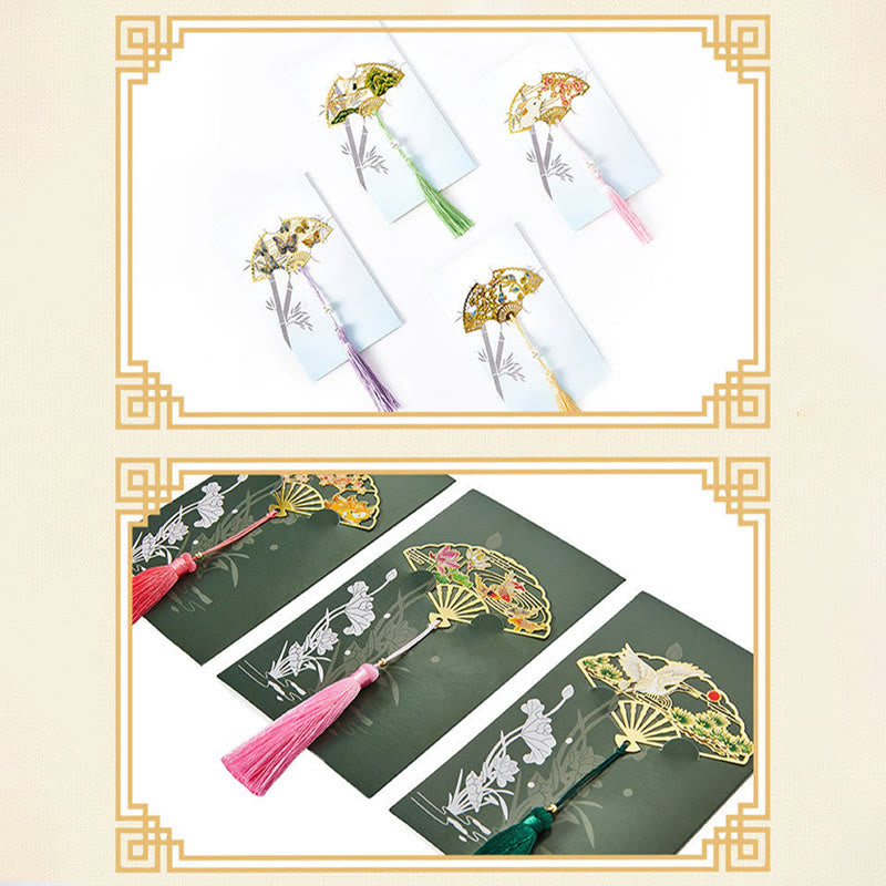 Buddha Stones Traditional Butterfly Lotus Flower Crane Dragon Phoenix Fox Koi Fish New Beginning Metal Brass Hollow Fan Bookmarks Bookmarks BS 25