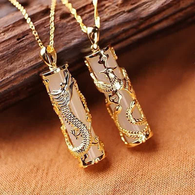 Buddhastoneshop Jade Dragon Phoenix Copper Blessing Harmony Necklace Pendant
