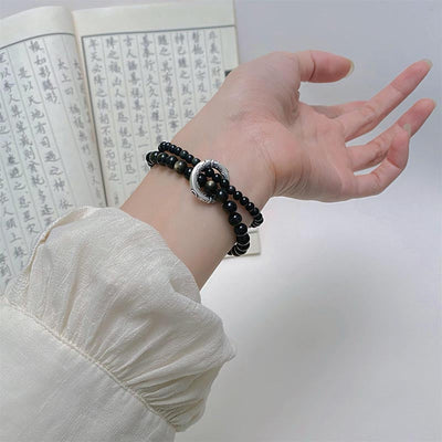 Buddha Stones 999 Sterling Silver Black Obsidian Fulfillment Strength Double Layer Bracelet Bracelet BS 6