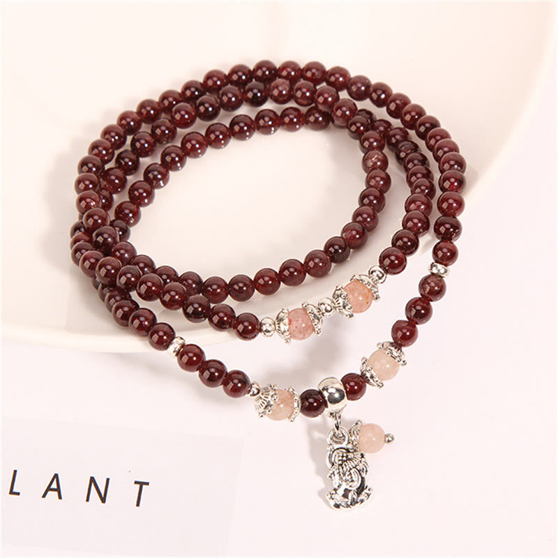 Buddha Stones Natural Garnet Strawberry Quartz Green Beans PiXiu Protection Triple Wrap Bracelet Bracelet BS Garnet&PiXiu