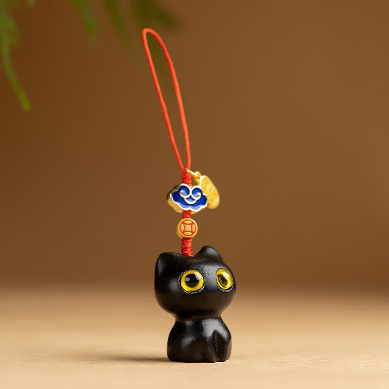 Buddha Stones Small Leaf Red Sandalwood Ebony Wood Lucky Cat Protection Key Chain Phone Hanging Decoration Key Chain BS Ebony Cat Phone Hanging Decoration