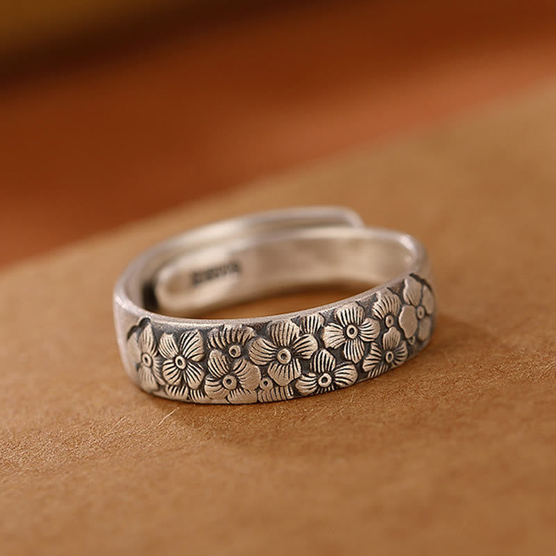 Foviel 999 Sterling Silver Lotus Flower Plum Blossom Auspicious Clouds Engraved Enlightenment Ring