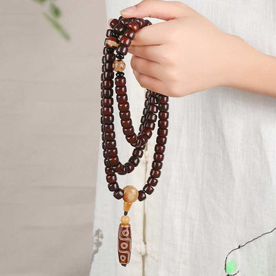 Bracelet de chance Foviel 108 perles Mala avec perle Dzi à trois yeux et perle Dzi à neuf yeux en jade