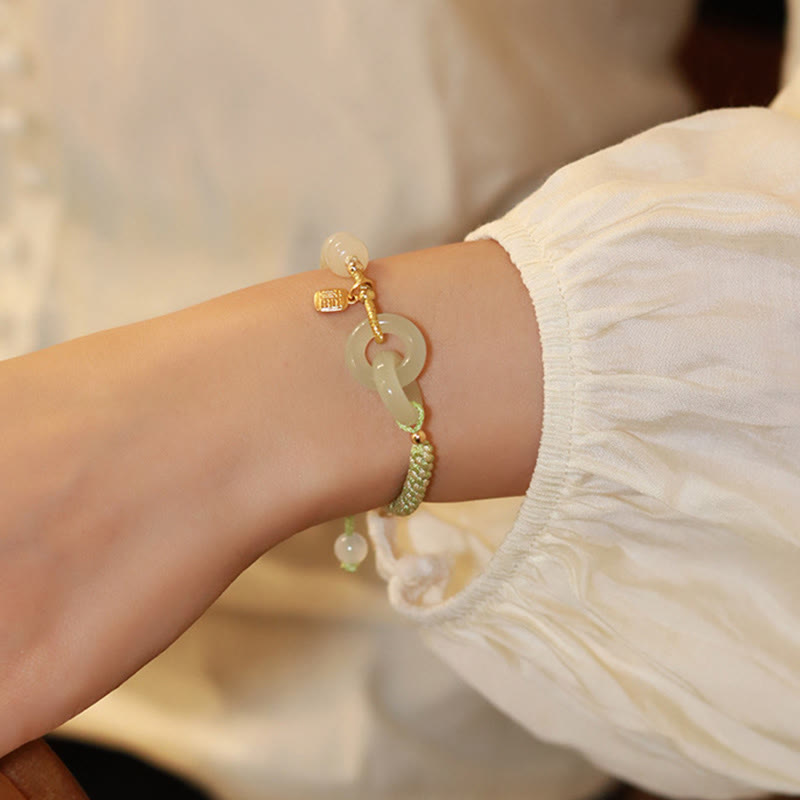 Buddha Stones Natural Hetian Jade Bead Double Peace Buckle Fu Character Abundance Braided Bracelet Bracelet BS 12