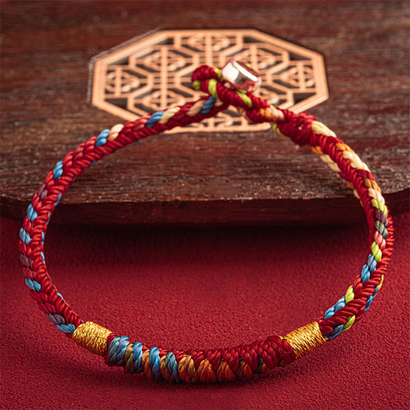 Buddha Stones "May You Be Safe And Lucky In The Year Ahead" Multicolored Bracelet Bracelet BS Gold Five Color Thread 19cm 925 Silver Buckle