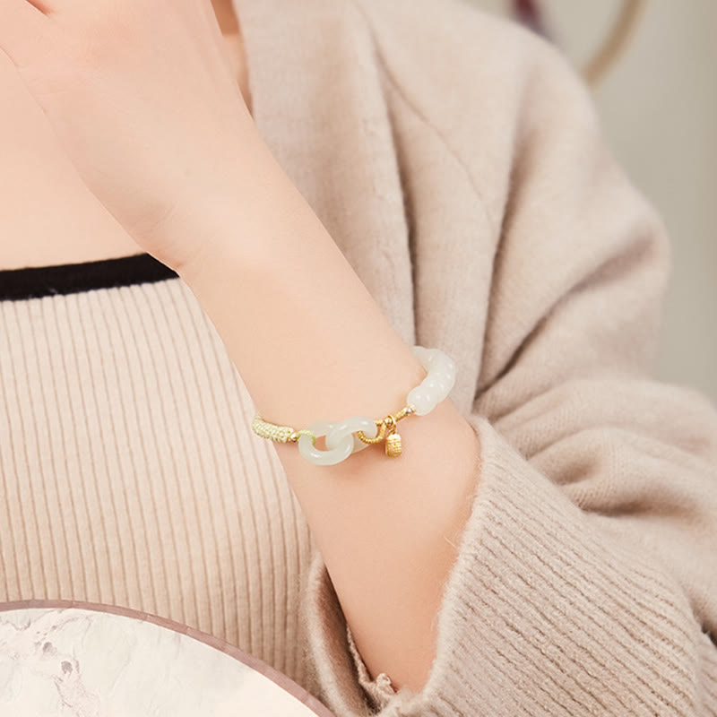 Buddha Stones Natural Hetian Jade Bead Double Peace Buckle Fu Character Abundance Braided Bracelet Bracelet BS 21
