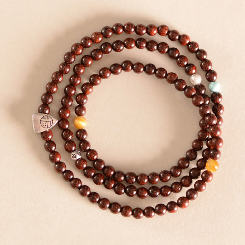 Foviel 925 Sterling Silber Indisches Blatt Rot Sandelholz Fu Charakterschutz Dreifach-Wrap-Armband