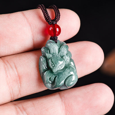 Buddha Stones Natural Green Jade Nine-Tailed Fox Engraved Prosperity Necklace Pendant Necklaces & Pendants BS 7