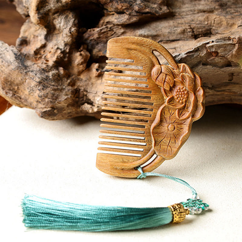 Buddha Stones Natural Green Sandalwood Lotus Flower Leaf Engraved Soothing Comb Comb BS 2