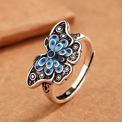 Buddha Stones Hollow Enamel Blue Butterfly Pattern Love Ring Ring BS Blue Butterfly(Adjustable)