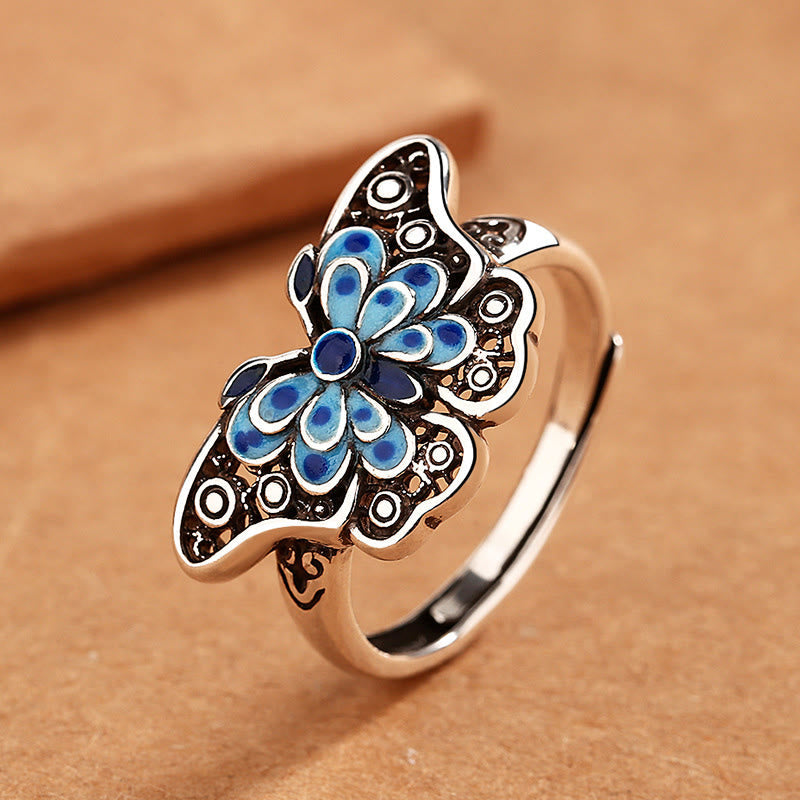 Buddha Stones Hollow Enamel Blue Butterfly Pattern Love Ring Ring BS Blue Butterfly(Adjustable)
