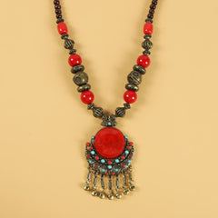 Buddha Stones Tibetan Retro Beads Tassel Hair Decoration Hair Accessories Decorations BS Sun Moon-Red