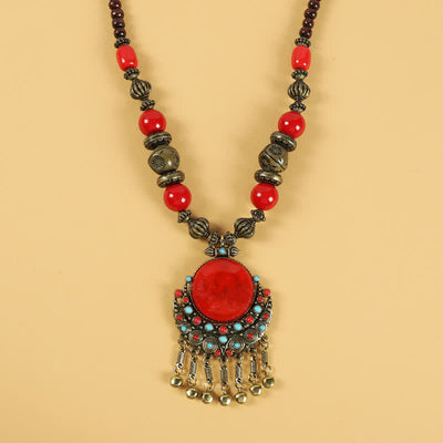 Buddha Stones Tibetan Retro Beads Tassel Hair Decoration Hair Accessories Decorations BS Sun Moon-Red