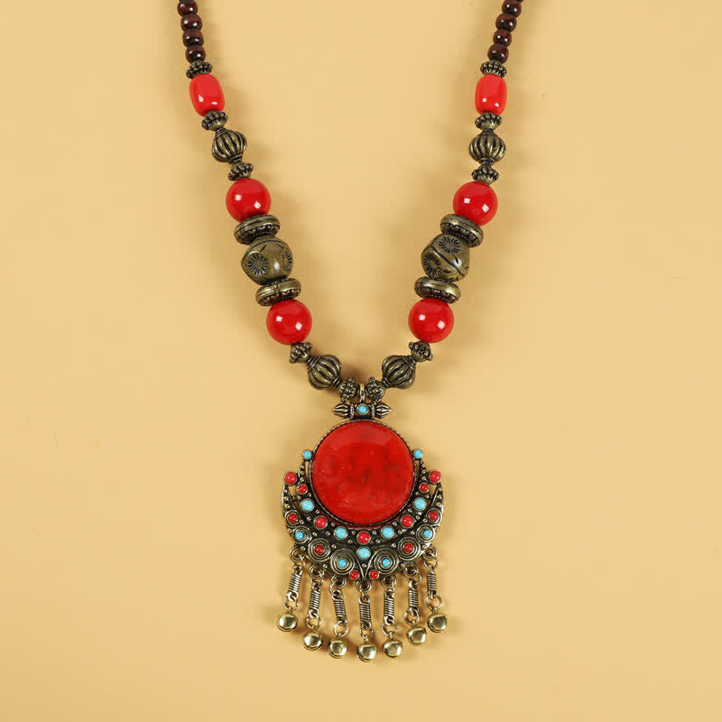 Buddha Stones Tibetan Retro Beads Tassel Hair Decoration Hair Accessories Decorations BS Sun Moon-Red