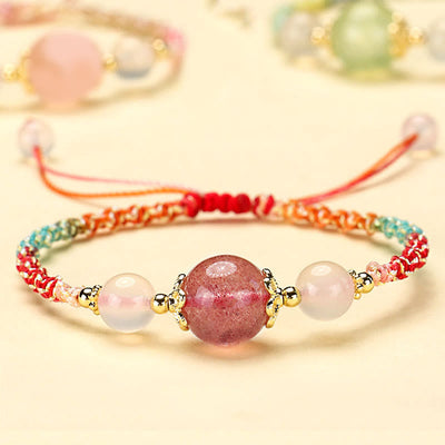 Buddha Stones Strawberry Quartz Pink Crystal Prehnite White Agate Bead Healing Rope Bracelet 1