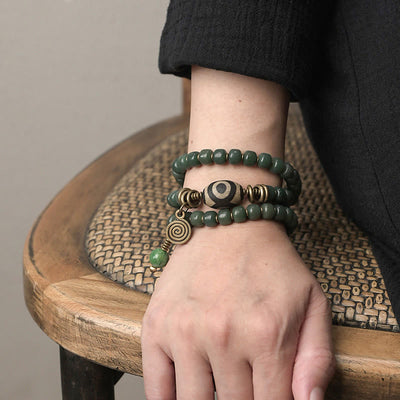 Buddha Stones Cyan Bodhi Seed Dzi Bead Wisdom Peace Triple Wrap Bracelet Mala Bracelet BS 6