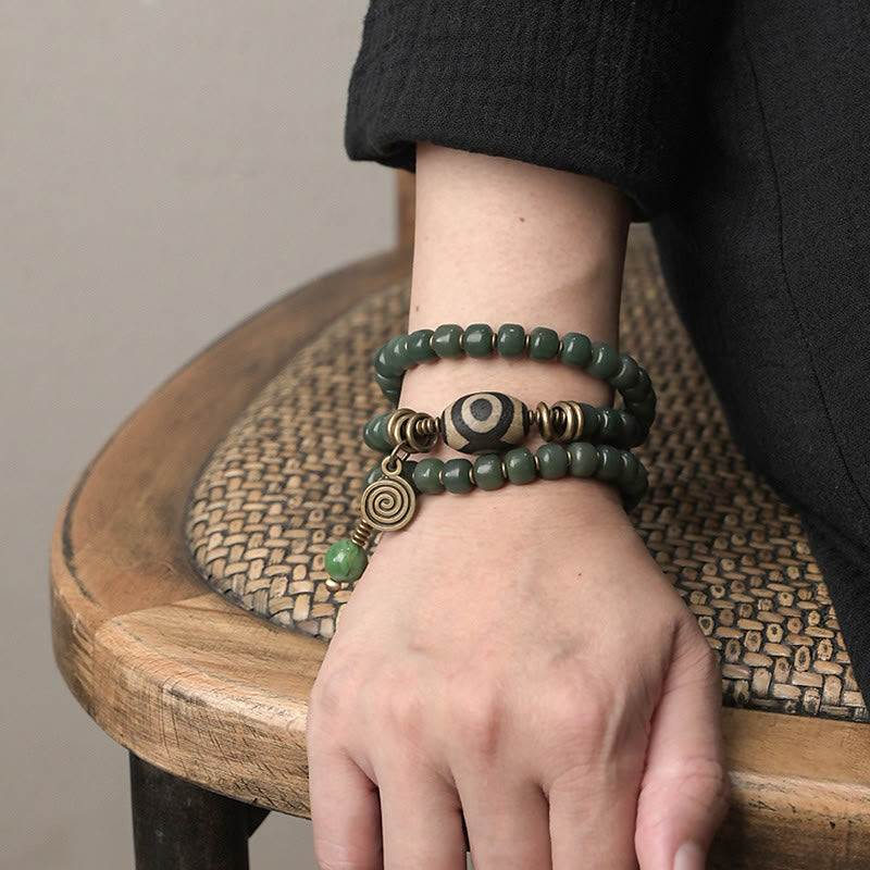 Buddha Stones Cyan Bodhi Seed Dzi Bead Wisdom Peace Triple Wrap Bracelet Mala Bracelet BS 6