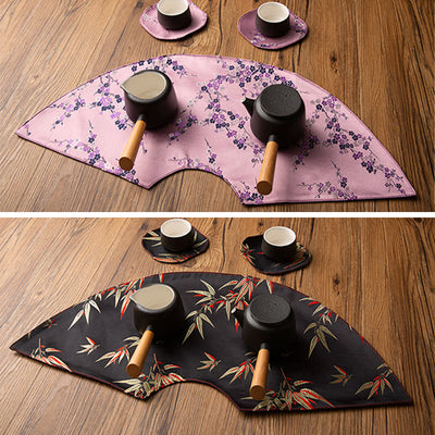 Buddha Stones Vintage Sea Wave Bamboo Plum Blossom Embroidered Cup Mat Pad Tea Cup Coaster Kung Fu Tea Mat Tea Mat BS 31