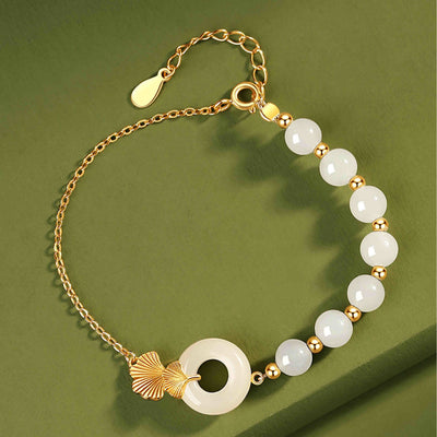 Buddha Stones 925 Sterling Silver Hetian White Jade Peace Buckle Ginkgo Leaf Luck Bracelet Bracelet BS 1