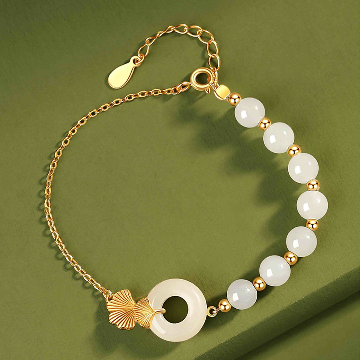 Buddha Stones 925 Sterling Silver Hetian White Jade Peace Buckle Ginkgo Leaf Luck Bracelet Bracelet BS 1