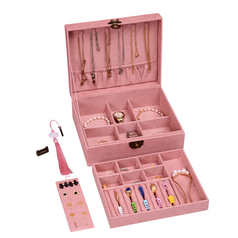 Buddha Stones Simple Design Jewelry Box Organizer Two-Layer Jewelry Storage Box Flannel Box With Lock - Pink23*19*6.5cm - image 10