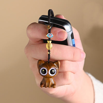 Buddha Stones Green Sandalwood Lucky Cat Koi Fish Cure Key Chain Phone Hanging Decoration Key Chain BS 10