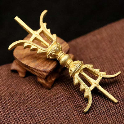 Buddha Stones Handmade Nepal Five Prong Three Prong Vajra Dorje Strength Copper Decoration Dorje BS Golden Three Prong Vajra Dorje-14cm