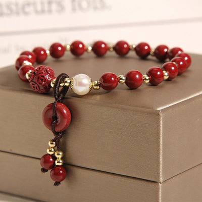 Buddha Stones Natural Cinnabar Peace Buckle Copper Coin Charm Blessing Bracelet Bracelet BS 3