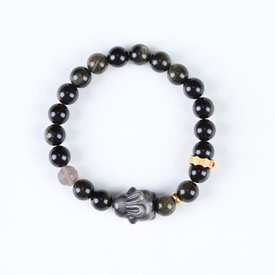 Buddha Stones Gold Sheen Obsidian Black Obsidian Silver Sheen Obsidian Cute Rabbit Protection Bracelet Bracelet BS 2