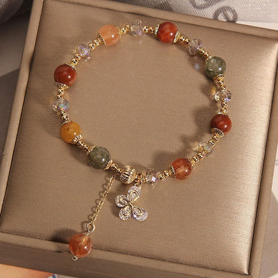 Buddha Stones Natural Fu Lu Shou Rainbow Crystal Rutilated Quartz Wealth Butterfly Charm Bracelet Bracelet BS 5