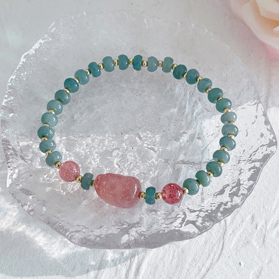 Buddha Stones Natural Hetian Jade Pearl Peace Buckle Fu Character Gourd Money Bag Strawberry Quartz PiXiu Luck Bracelet Bracelet BS 14