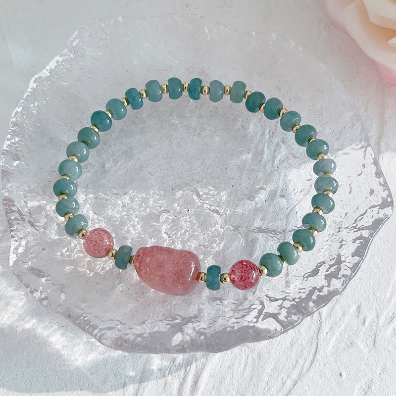 Buddha Stones Natural Hetian Jade Pearl Peace Buckle Fu Character Gourd Money Bag Strawberry Quartz PiXiu Luck Bracelet Bracelet BS 14