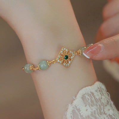 Buddha Stones Natural Hetian Jade Bead Square Pattern Luck Chain Bracelet Bracelet BS 6