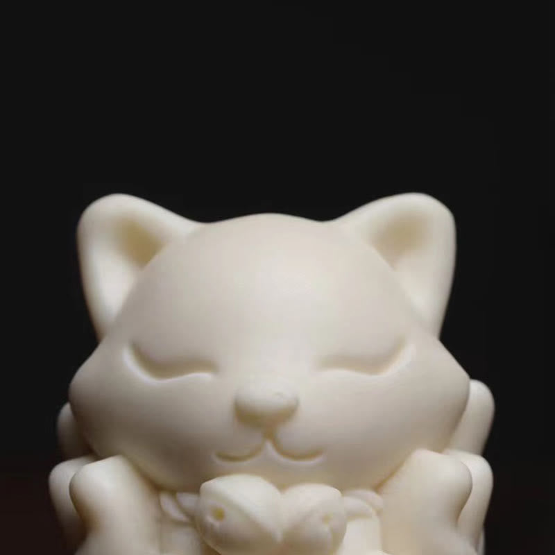 Buddha Stones Mini Nine-Tailed Fox Ivory Fruit Sandalwood Green Sandalwood Blessing Decoration Decorations BS 6