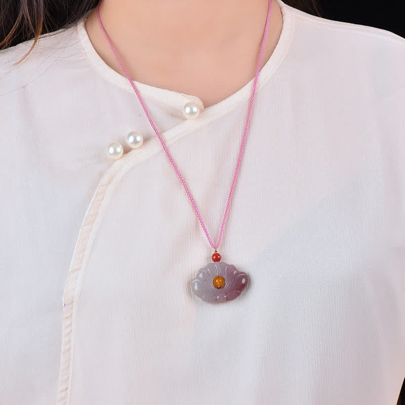 Buddha StonesPink Golden Silk Jade Lotus Flower Wealth Necklace Pendant Necklaces & Pendants BS 2