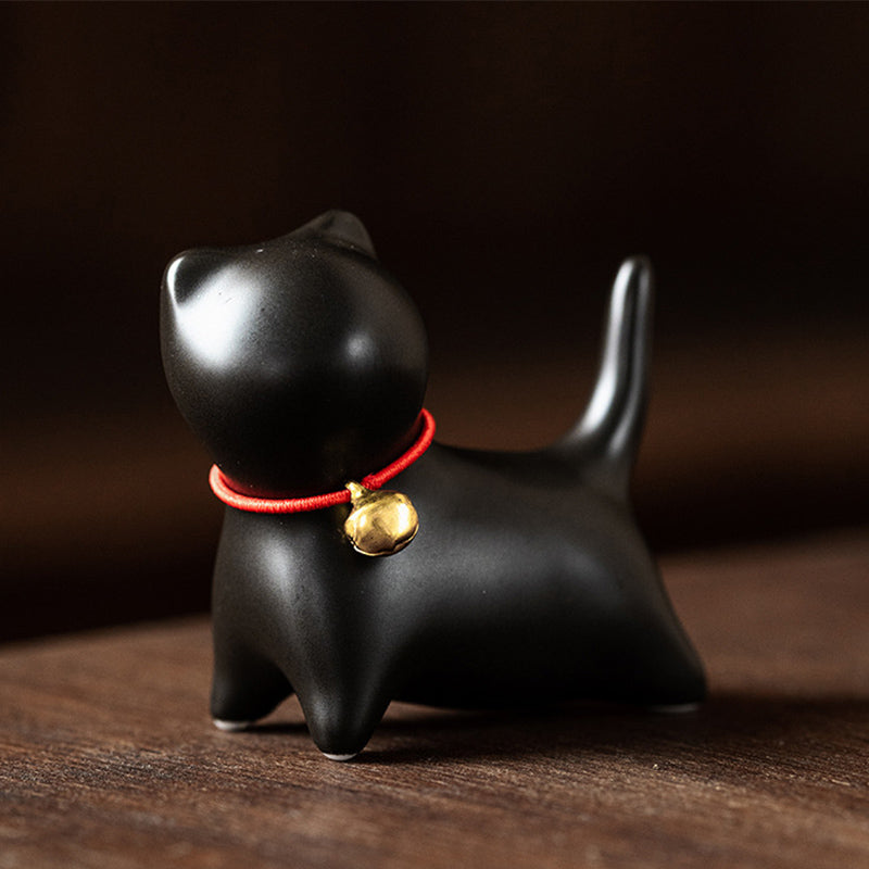 Buddha Stones Mini Small Cute Cat Tea Pet Ceramic Home Desk Figurine Decoration Decorations BS Standing Cat 5*2.5*4.5cm Black