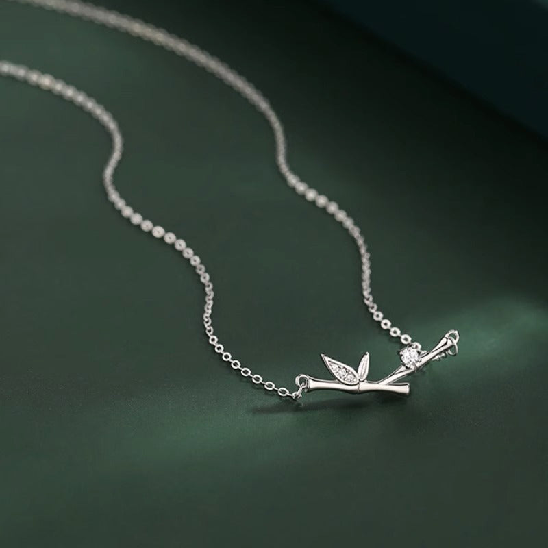 Buddha Stones Bamboo Leaf Design Copper Zircon Wealth Necklace Pendant Necklaces & Pendants BS 2