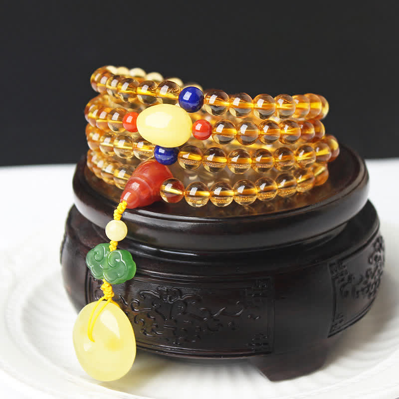 108 Mala Beads Natural Citrine Amber Peace Buckle Red Agate PiXiu Protection Charm Bracelet Mala Bracelet BS 1