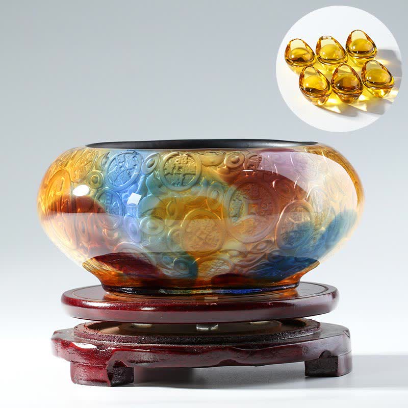 Buddha Stones Handmade Liuli Crystal Treasure Bowl Ingots Art Piece Home Decoration Decorations BS Colorful