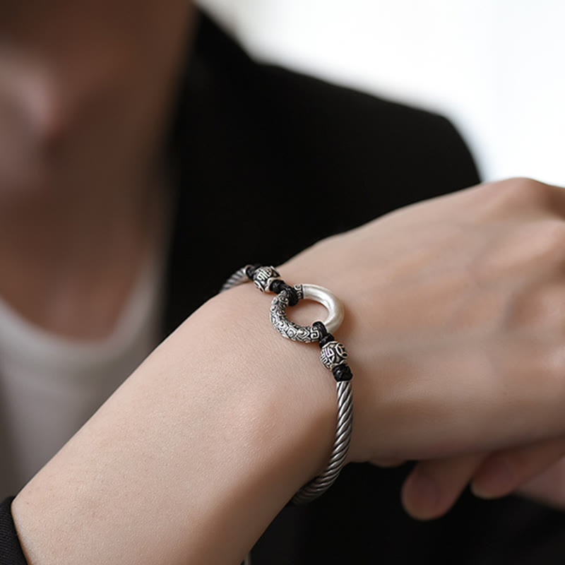 Buddha Stones 999 Sterling Silver Fu Character Peace Buckle Copper Coin Auspicious Clouds Fortune Bracelet Bracelet BS 12