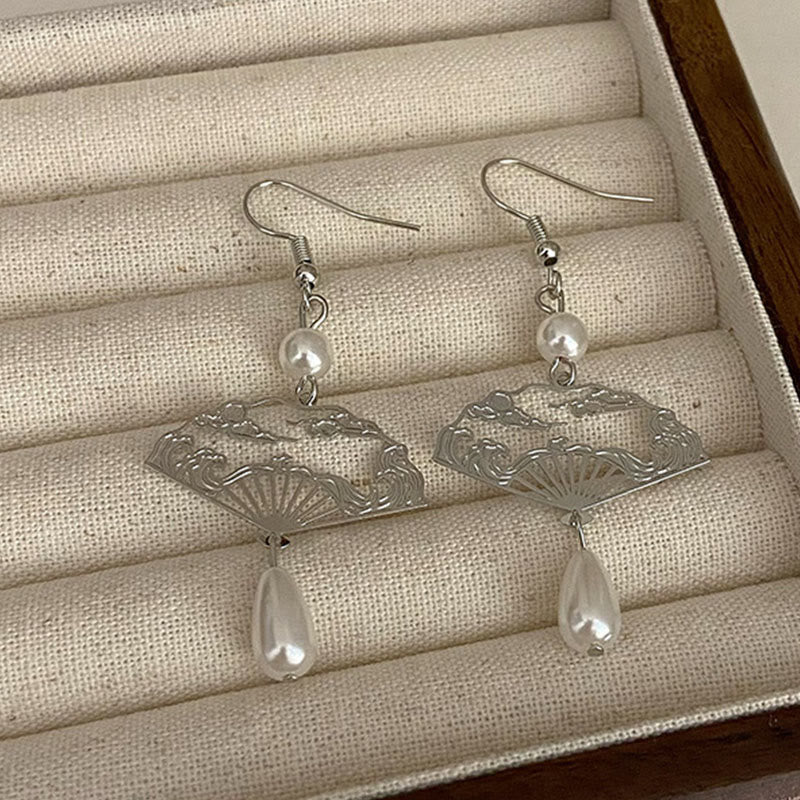 Buddha Stones Copper Fan Auspicious Clouds Pearl Healing Drop Earrings 5