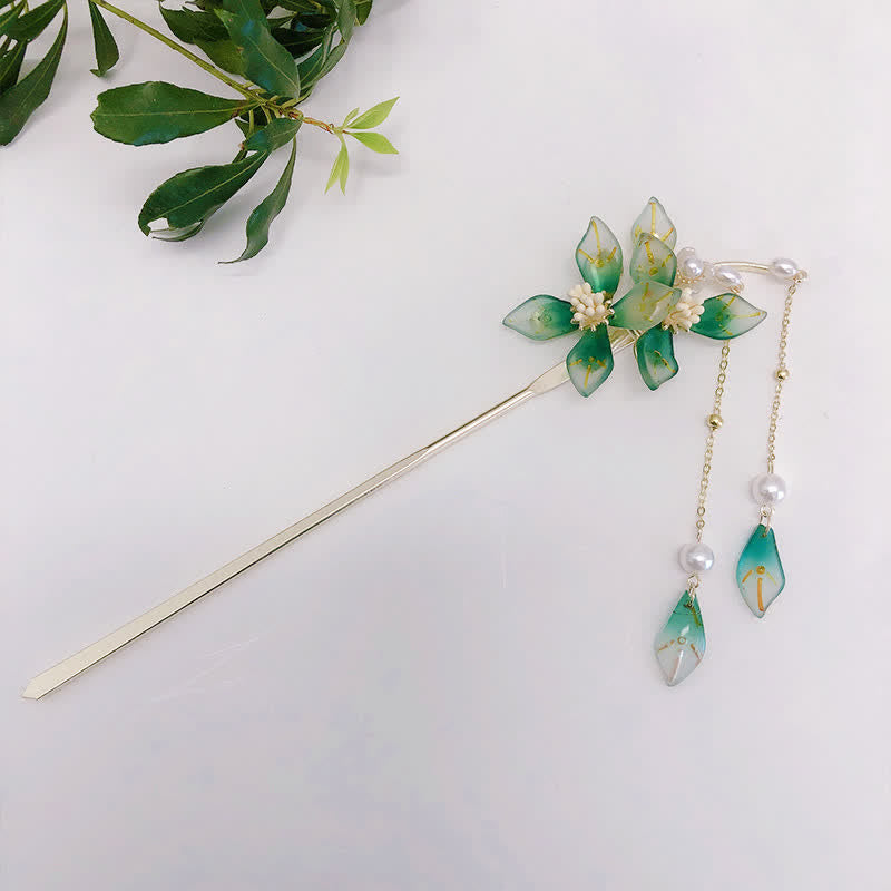 Buddha Stones Flower Leaf Pearl Peace Tassel Hairpin Hairpin BS 7